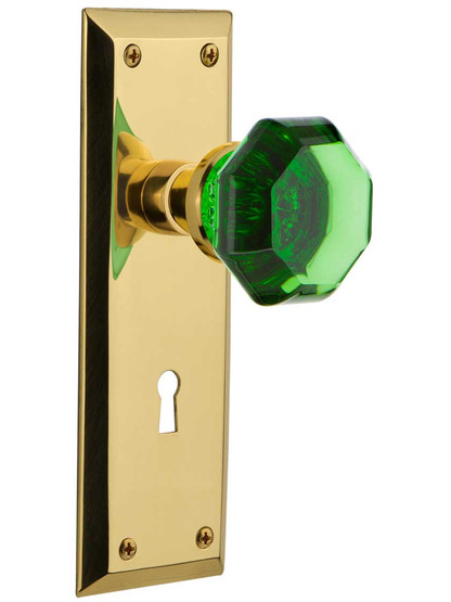 New York Door Set with Keyhole and Colored Waldorf Crystal Glass Knobs Emerald in Polished Brass.